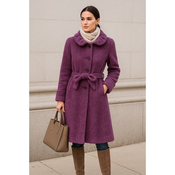 Itala Testino Alpaca Wool Ruffle Coat Trench Coat Belt Jacket Purple Small - Picture 1 of 12
